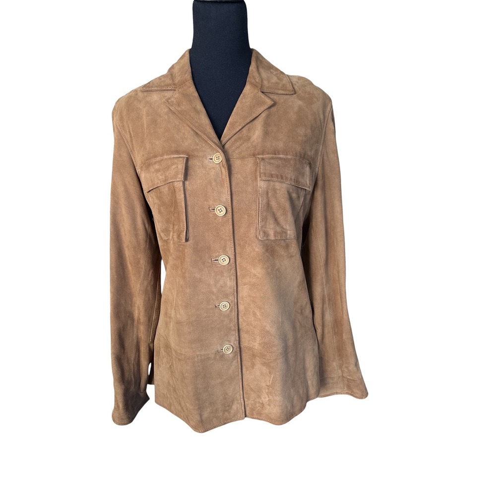 Façonnable Goatskin Leather Jacket, Womens Small, Camel Brown Suede Button Front